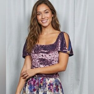 Vintage 90s Purple Crushed Velvet Cold Shoulder Top Gold Coin Button Detail Goth